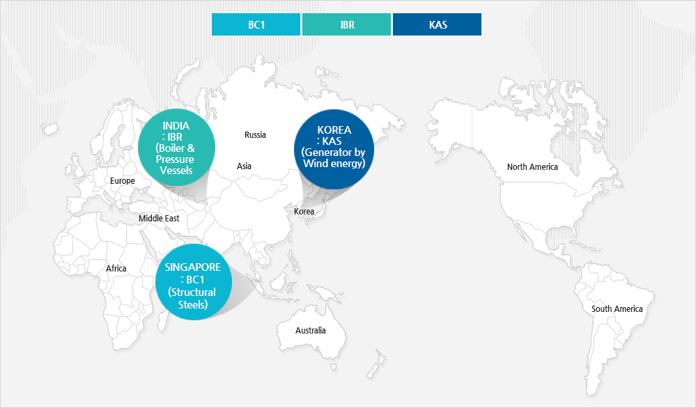 BC1(Structural Steels) : SINGAPORE, IBR(Boiler & Pressure Vessels) : INDIA, KAS(Generrator by Wind energy) : KOREA