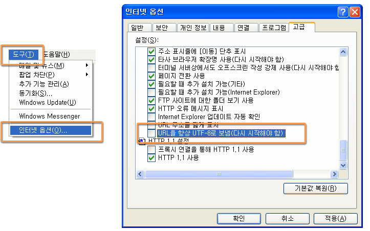 도구 → 인터넷옵션 → 고급 → 탐색(또는 웹 보기)의 『URL을 항상 UTF-8으로 보냄(다시 시작 필요)』체크표시 해제